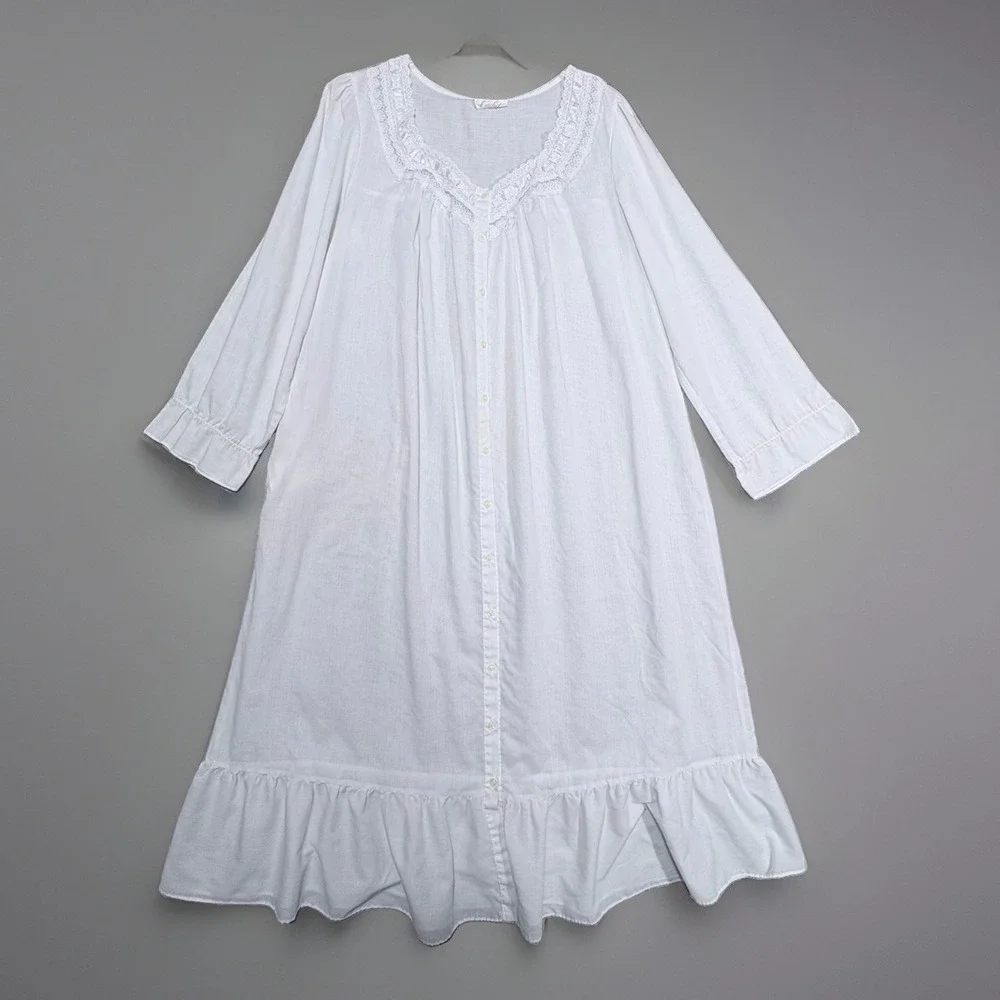 Cachet White Cotton Nightgown Womens Lg Lace Button Ruffle Cottagecore Vintage
